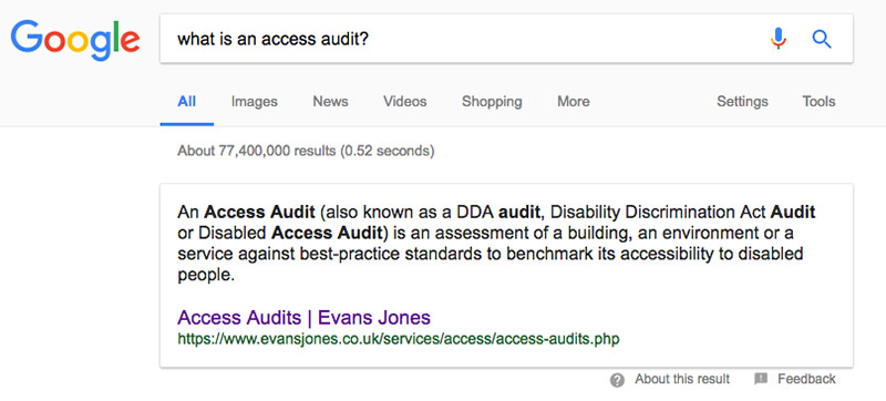 screenshot of evans jones' access audit featured snippet