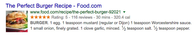 Structured data rich snippet example of a burger recipe