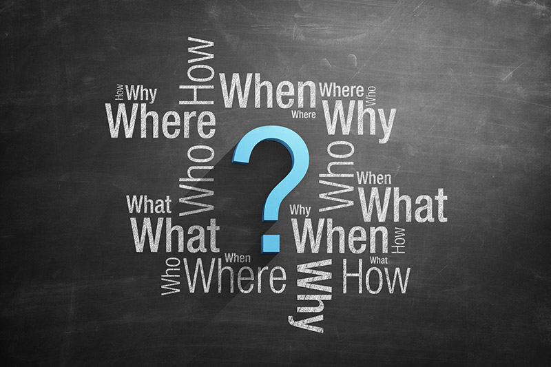 Image of who, what, when, where, why and how on a chalk board?
